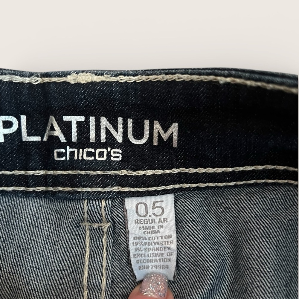 Chico's Platinum Dark Blue Flare Jeans with Stud & Sequin Detail C228 - Picture 2 of 8